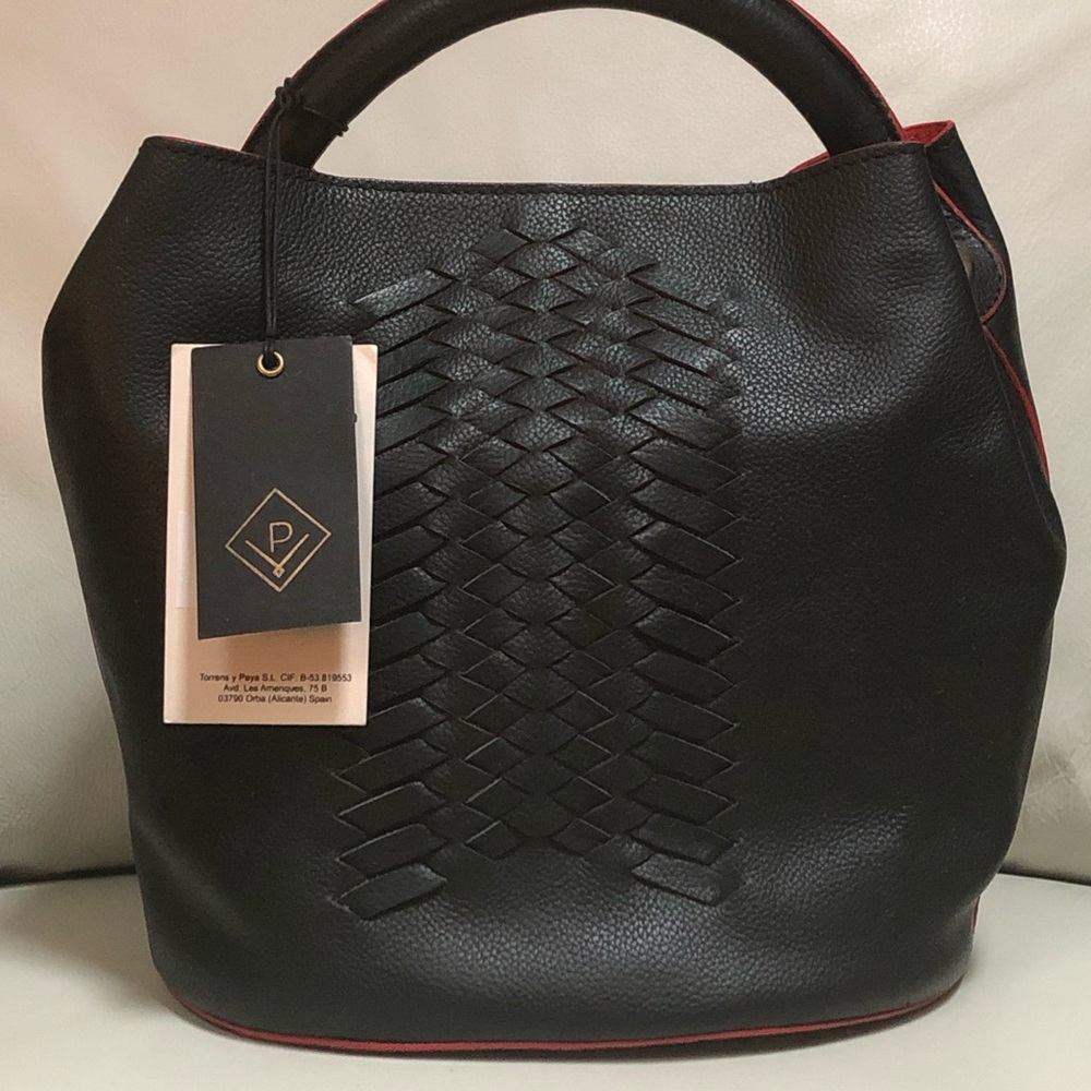 Paula Vera Genuine Leather Black & Red Handbag made in Spain